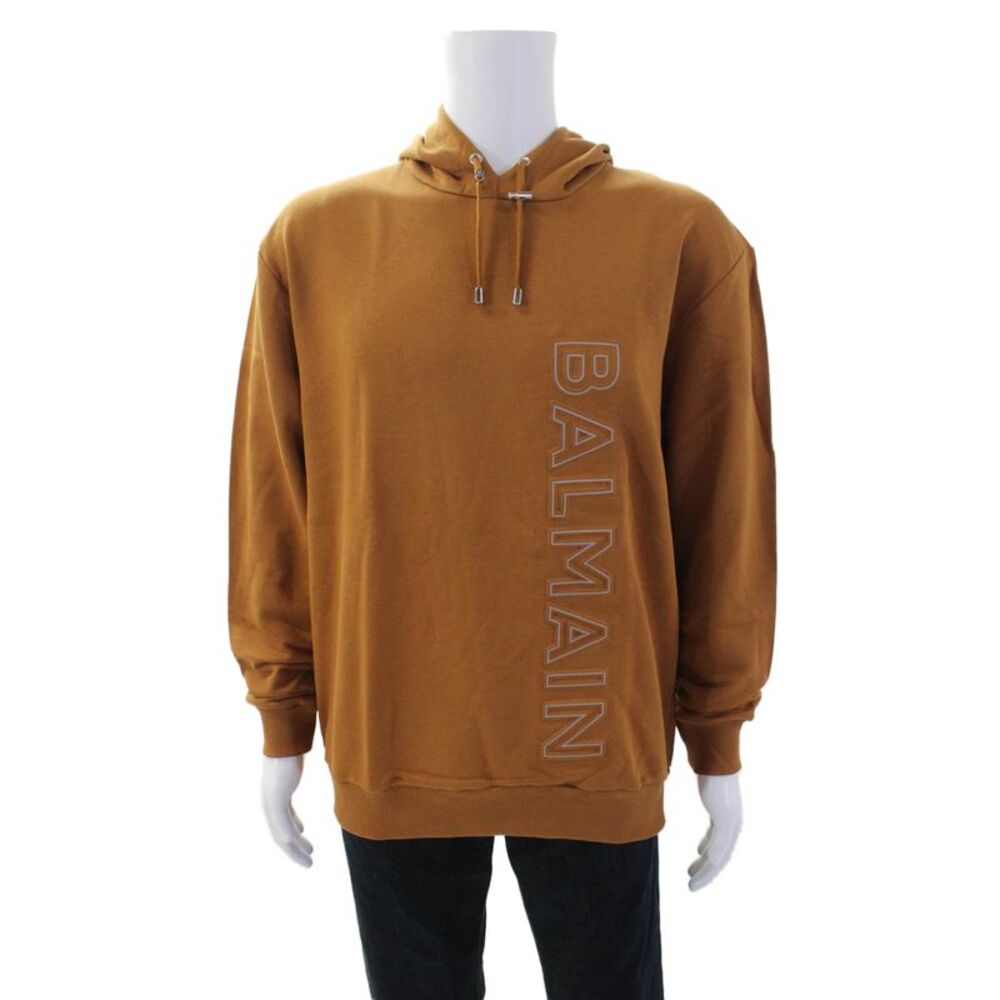 Balmain Men's Long Sleeves Hood Logo-Embossed Cotton Sweatshirt Brown Size XL